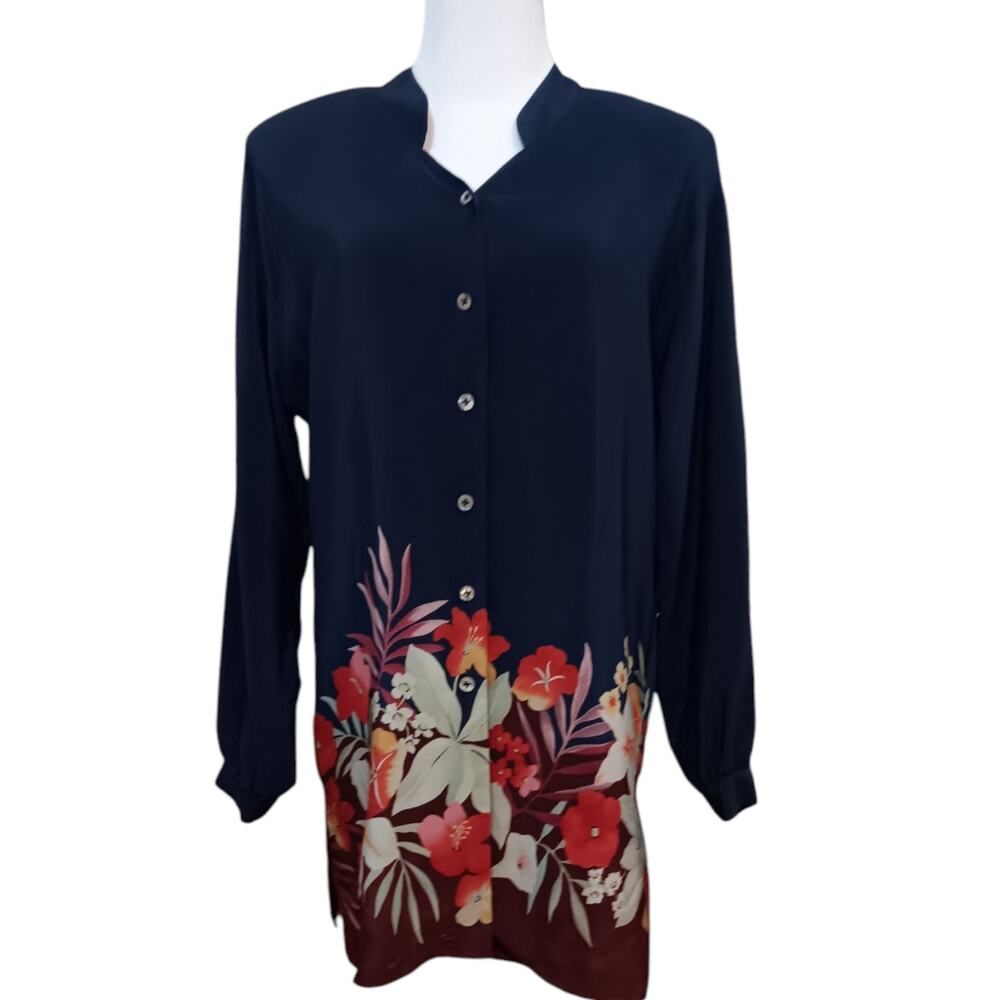 VINTAGE LIZ CLAIBORNE Loose Long Silk Tunic Blouse Dress Floral Oversized 4 - Picture 3 of 11